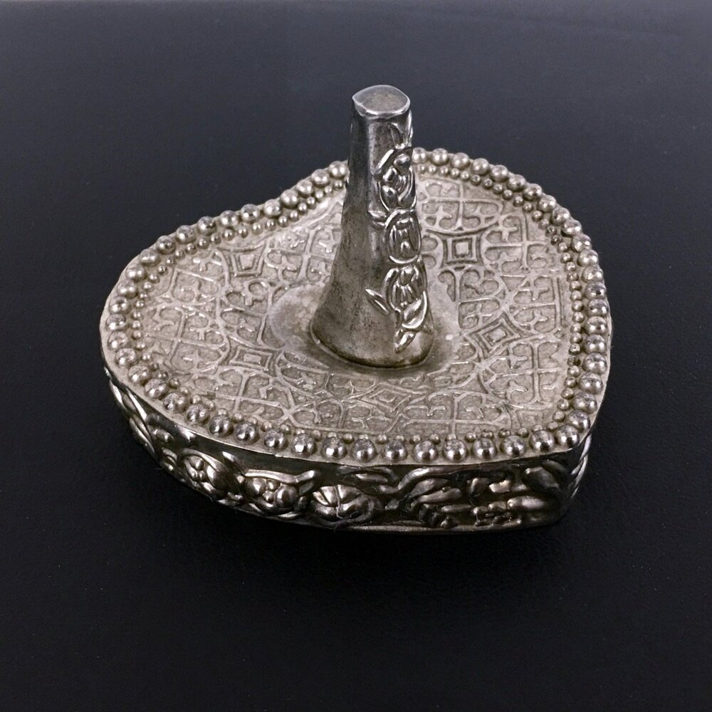 Vintage Ring Holder Victorian Gothic Floral Embossed Heart Shaped Jewelry Dish